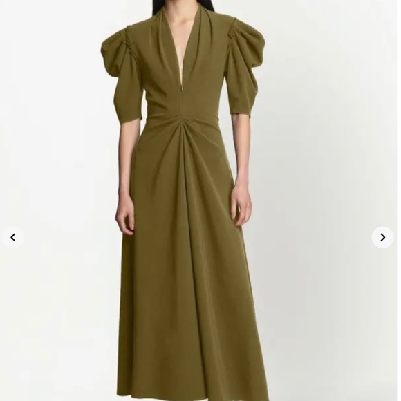 PROENZA SCHOULER  Puff-Sleeves Draped Dark Green V-Neck Midi Dress Size 0 - Picture 1 of 9